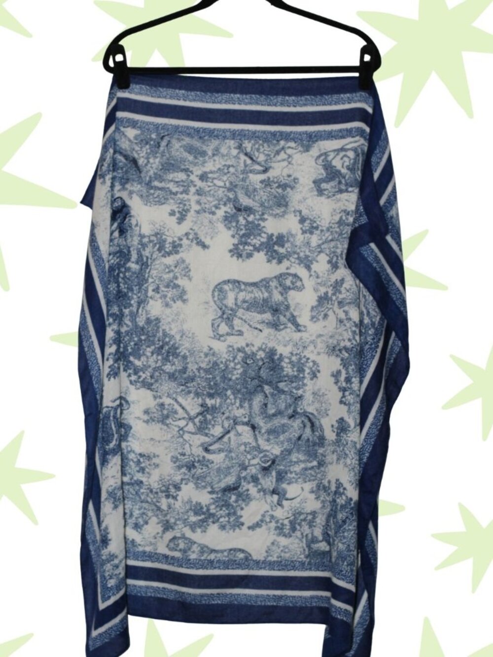 Blue and white toile de jouy style scarf with animals 36"x36"